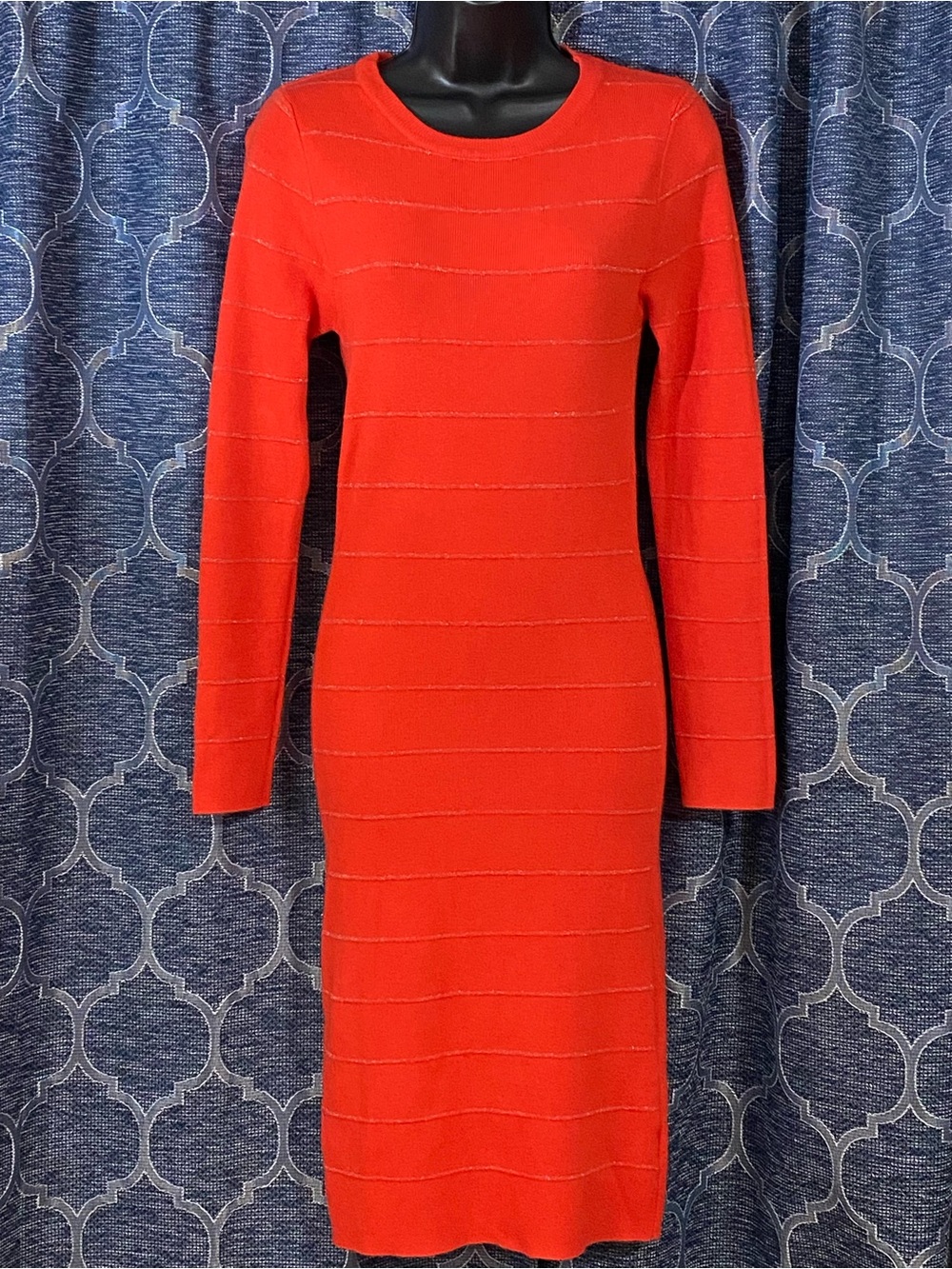 Ebelieve Bodycon Red Long Sleeve Knit Midi Dress